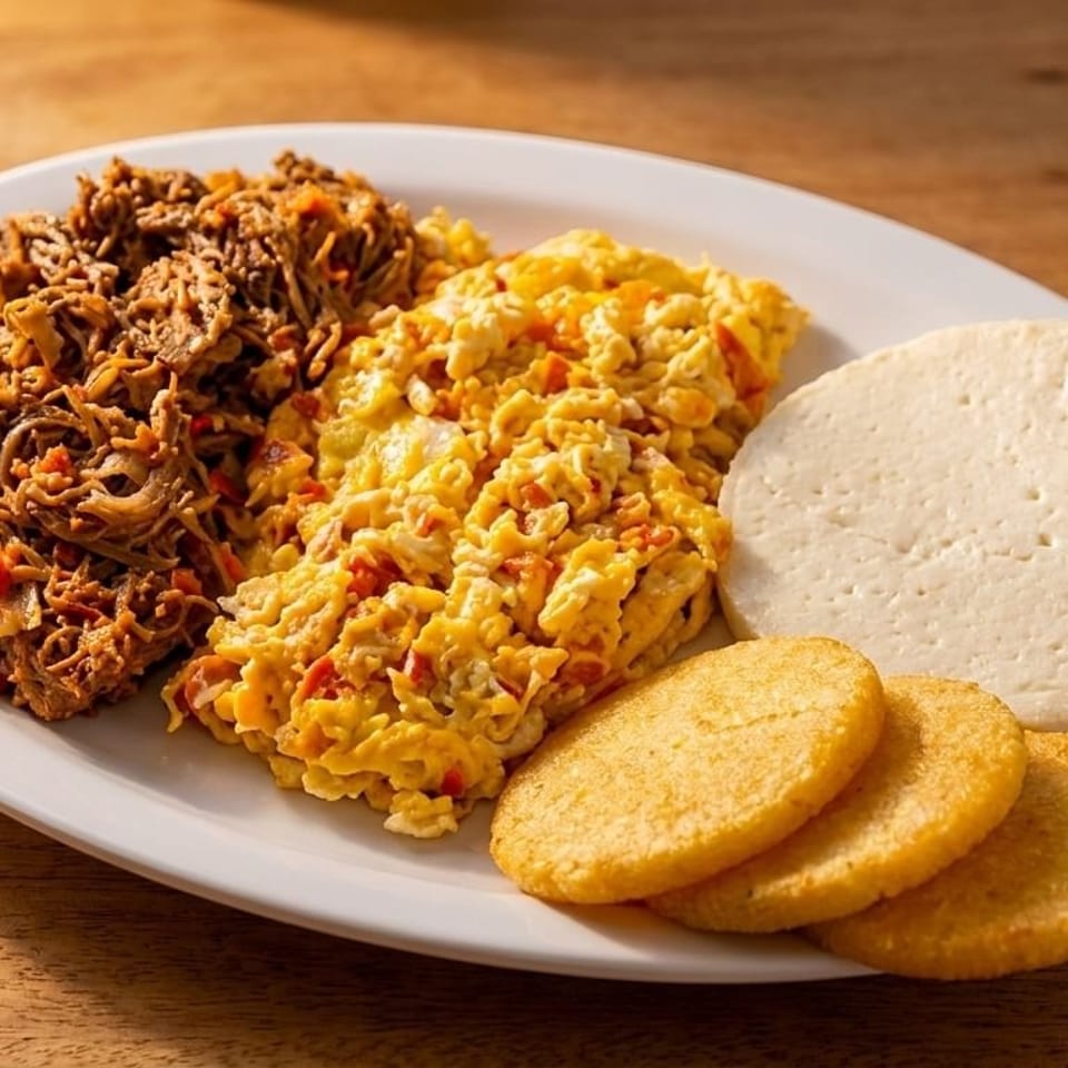 A white plate holds shredded beef, scrambled eggs, a round of white cheese, and three corn cakes.