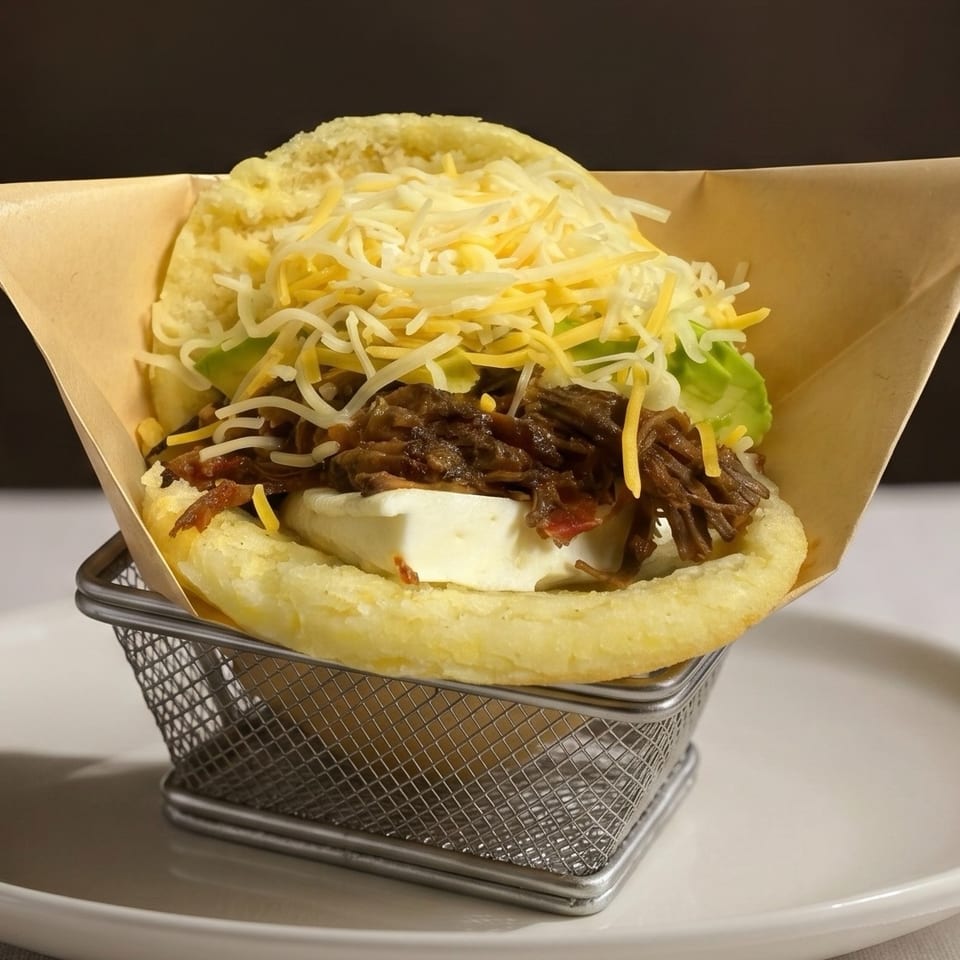 Arepa with shredded beef, white cheese, avocado, and shredded yellow cheese in a metal basket.