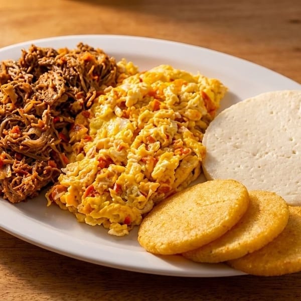 A white plate holds shredded meat, scrambled eggs, a round of cheese, and three small corn cakes.
