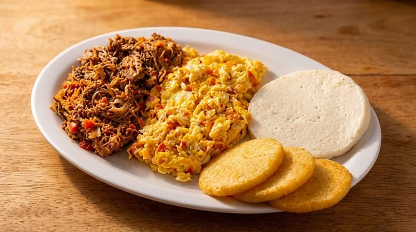 A white plate holds shredded meat, scrambled eggs, a round of cheese, and three small corn cakes.